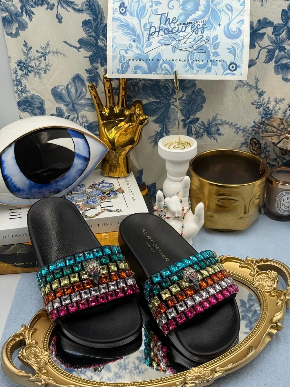🧿🧿 KURT GEIGER LONDON Meena Eagle Jewel Crystal Studded Slide, Black Rainbow